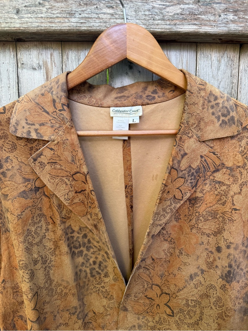 Coldwater Creek Floral Printed Tan Suede Duster Coat Leopard Bohemian Jacket - Picture 3 of 14